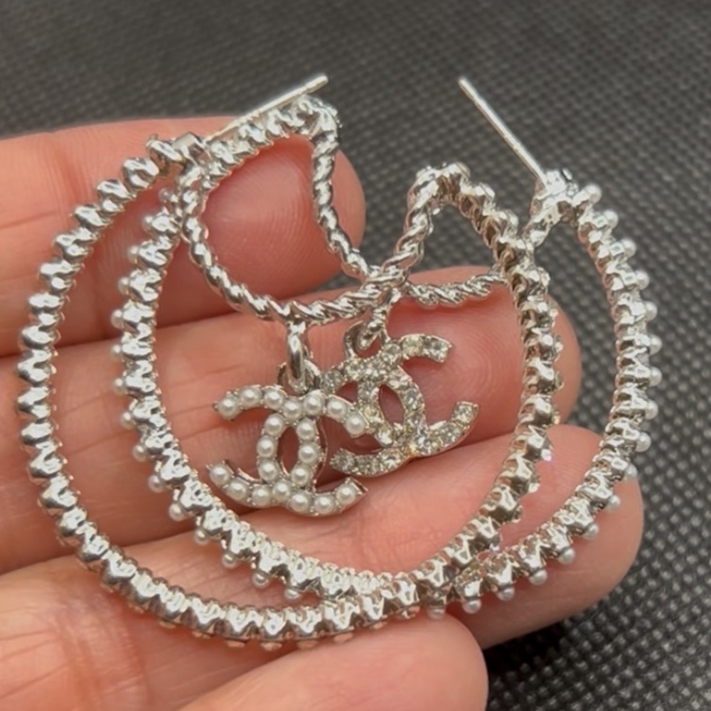 Double CC Silver tone dangle charm hoop earrings with pearl detail